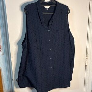 Sleeveless Navy Eyelet Button-Up Blouse